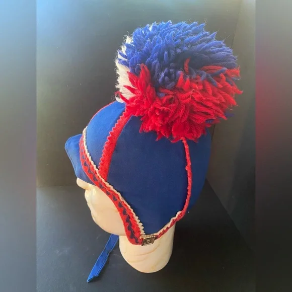 Vintage Skandia Norwegian Style Blue Red White Pom Pom Kids Beanie 70s 80s - Picture 5 of 9